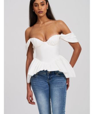 Women Qistina White Off-shoulder Bubble Hem Peplum Cotton Top