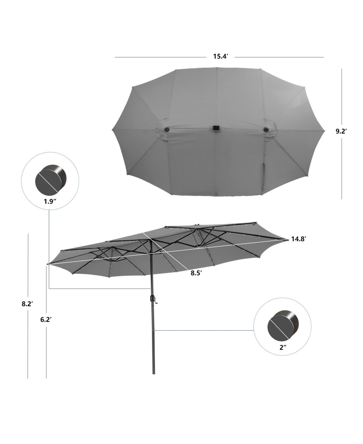 Gymax 15FT Twin Patio Double-Sided Umbrella 48 Solar Led Lights Crank Outdoor