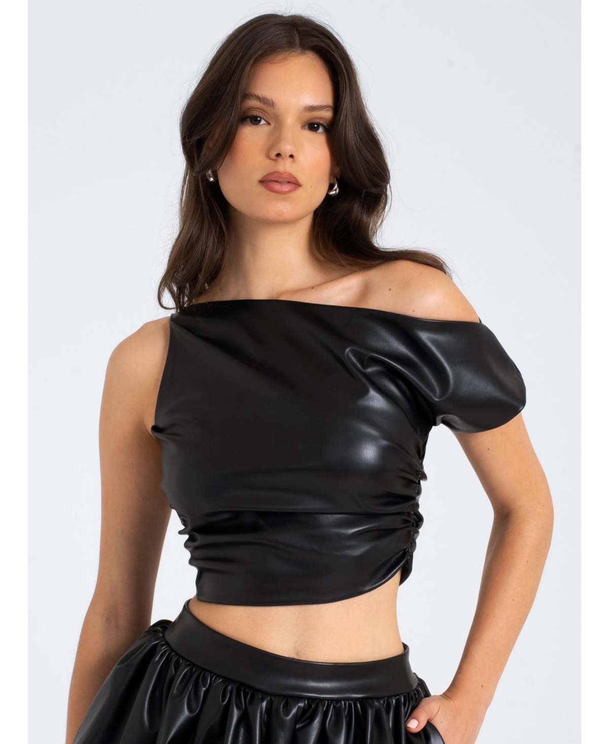 Women's Yara Faux Leather Slash Neck Tank Top - Black