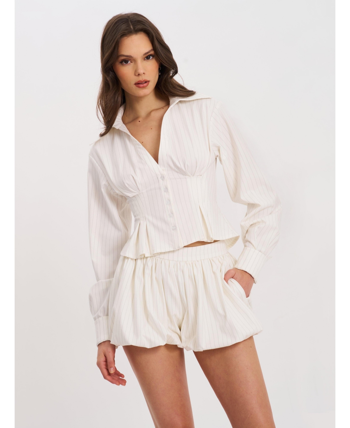 Women Sylvia White Pinstripe Deep V Pleated Shirt - White
