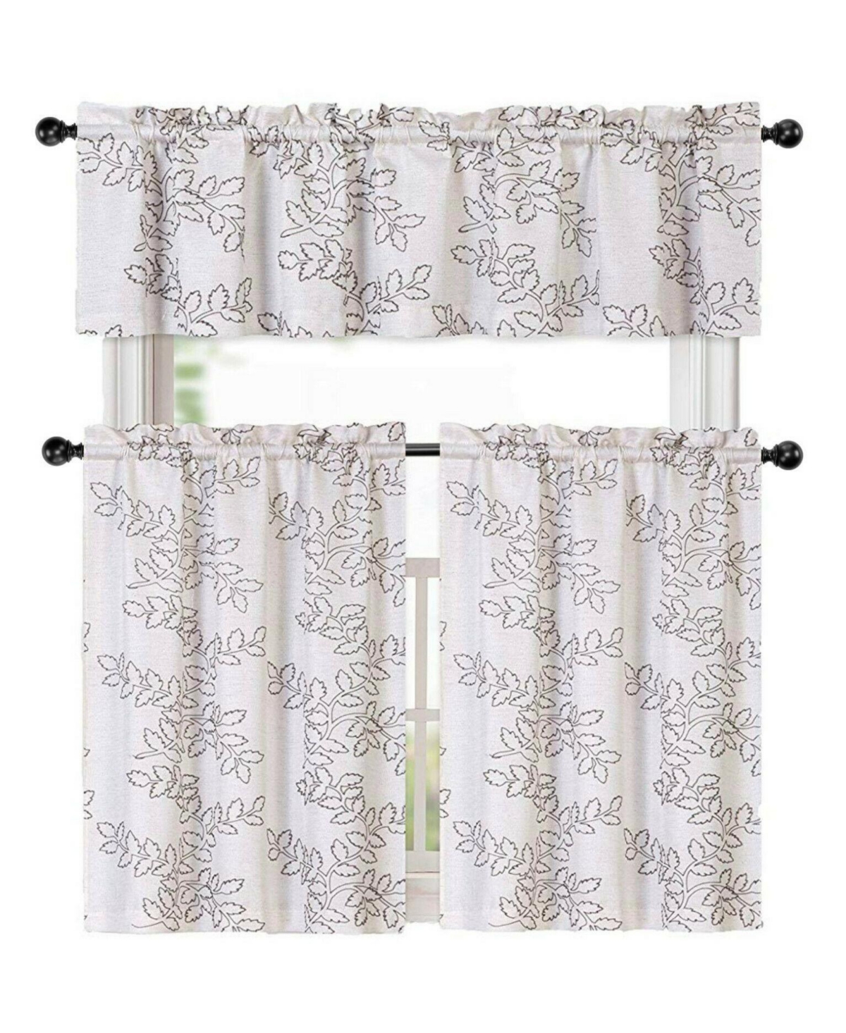 Brielle Embroidered Linen Kitchen Curtain Tier & Valance Set - 56 in. W x 15 in. L, Gray - Gray