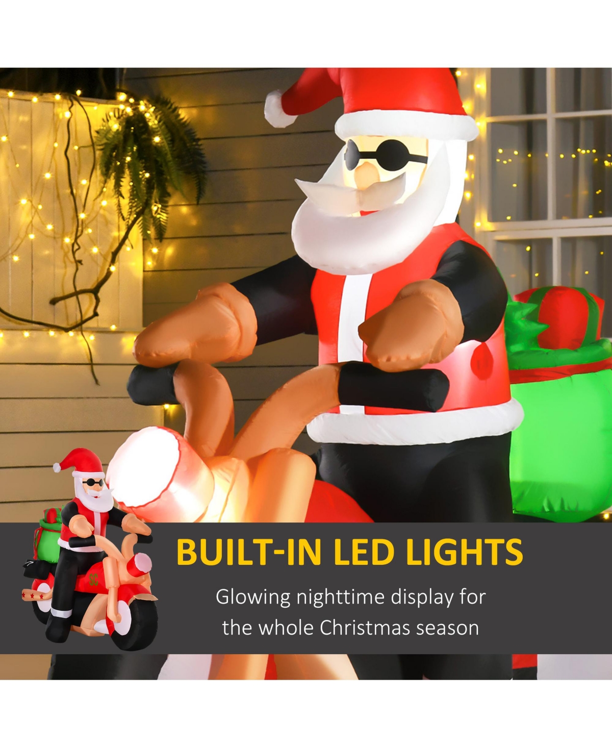 Homcom 6' Long Light Up Motorcycle Santa Claus Inflatable Yard Decor Holiday