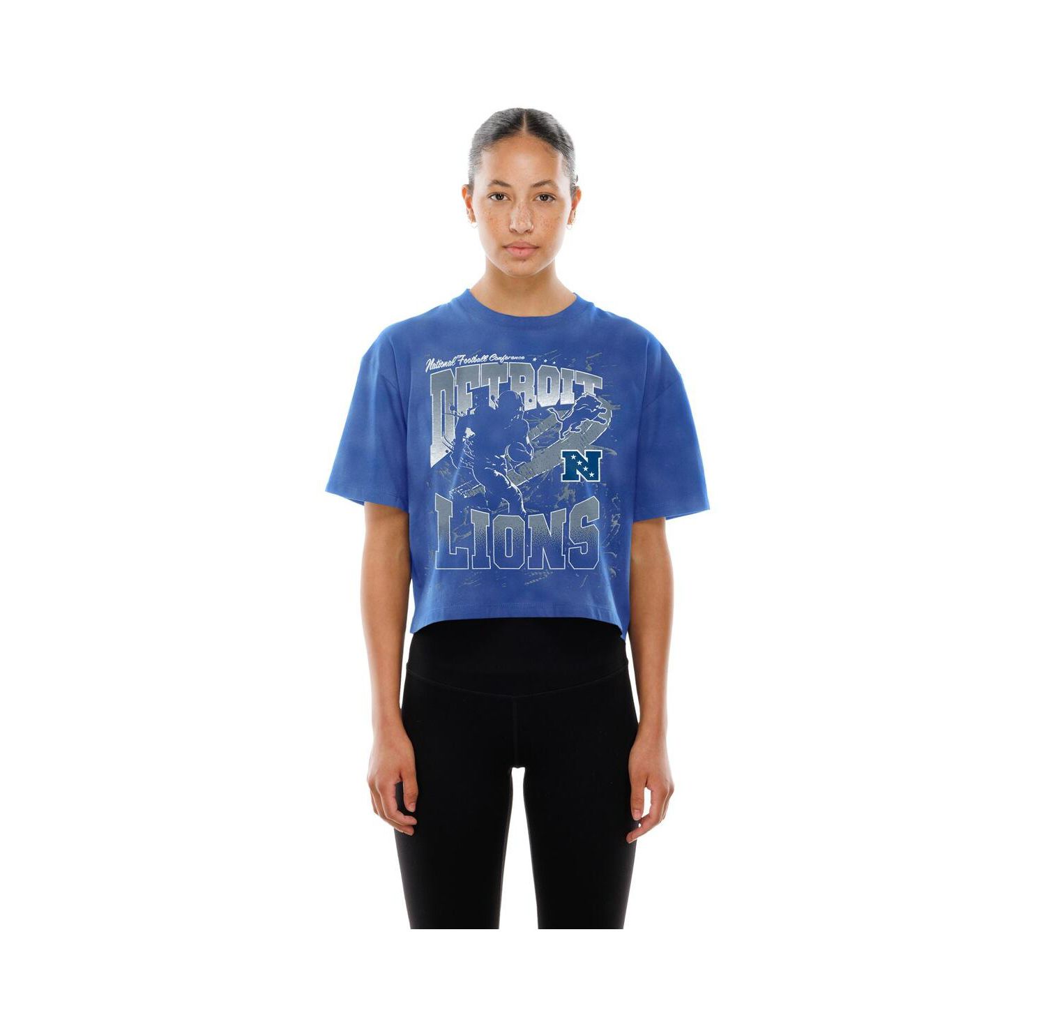 Women's Blue Detroit Lions Cropped Boxy Sport Classics Mineral Wash T-Shirt