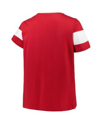 Women's Heather Crimson Alabama Crimson Tide Plus Size Arched City Sleeve Stripe V-Neck T-Shirt