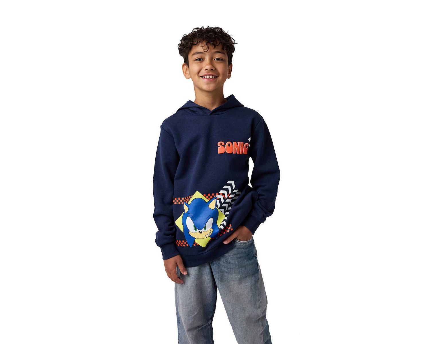 Little Boys Sonic Arrows and Checkered Flags Youth Navy Long Sleeve Hooded Sweatshirt-4