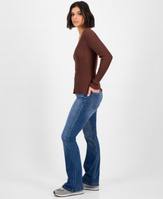 Juniors' Double-Button Distressed Bootcut Jeans