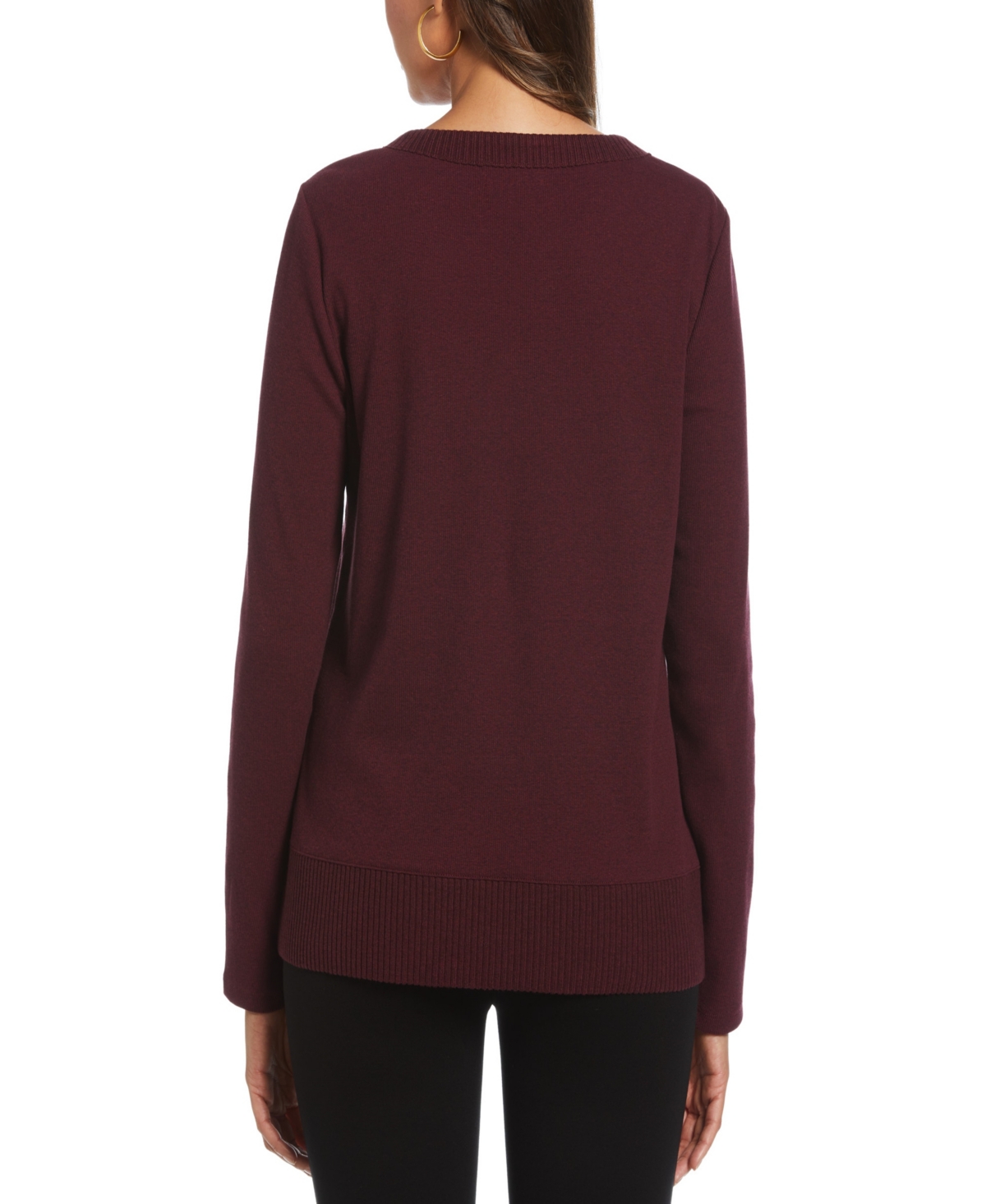 Rafaella Petite Ribbed Asymmetrical Fringe Hem Long Sleeve Top In Burgundy