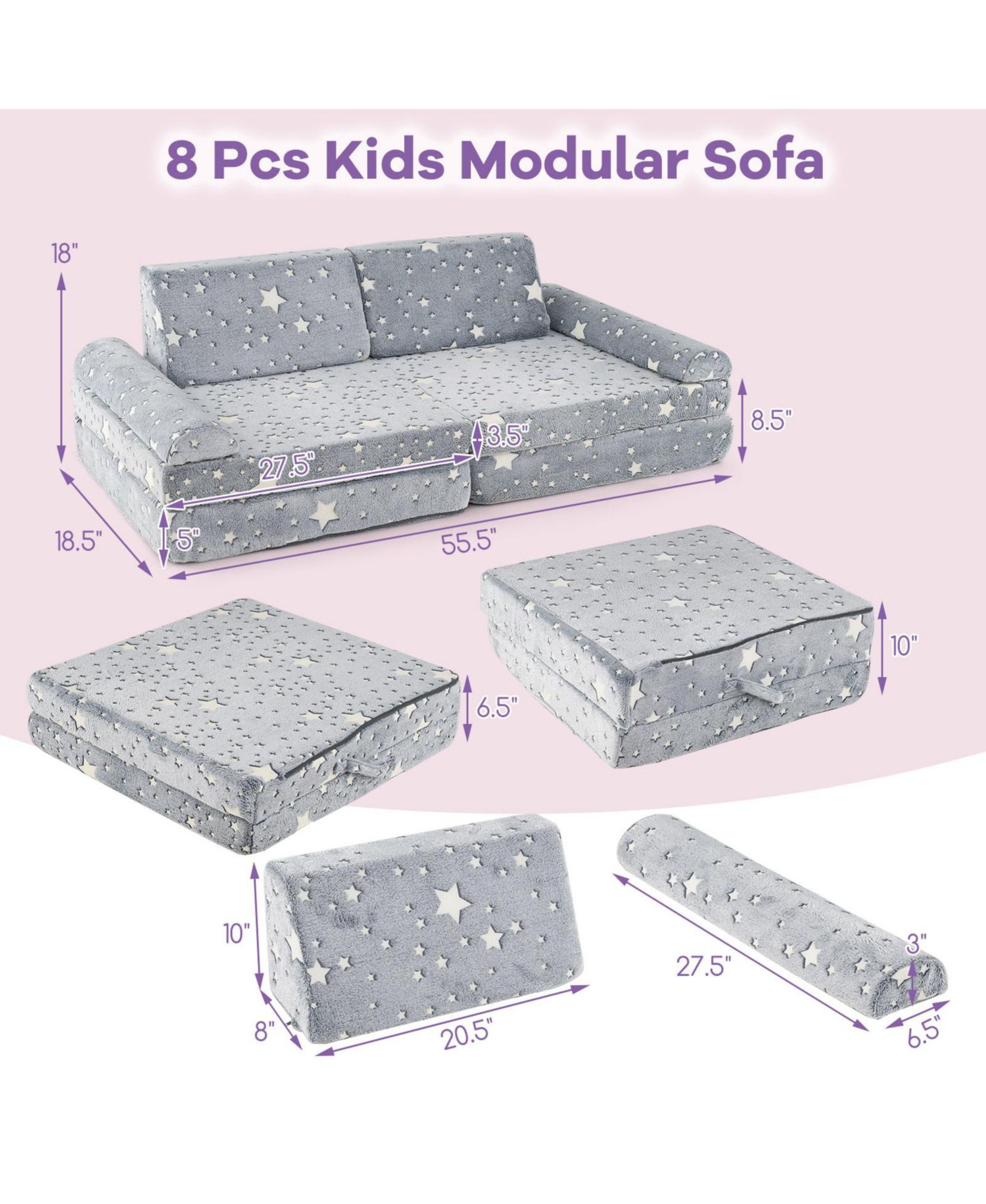 8 Pc. Faux Fur Glow-in-the-Dark Upholstered Modular Safe Seating Tie-Dye Couch Sofa