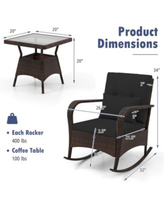 3-Piece PE Wicker Rocking Chair Patio Set with Tempered Glass Table – Ideal for Poolside, Backyard, or Porch