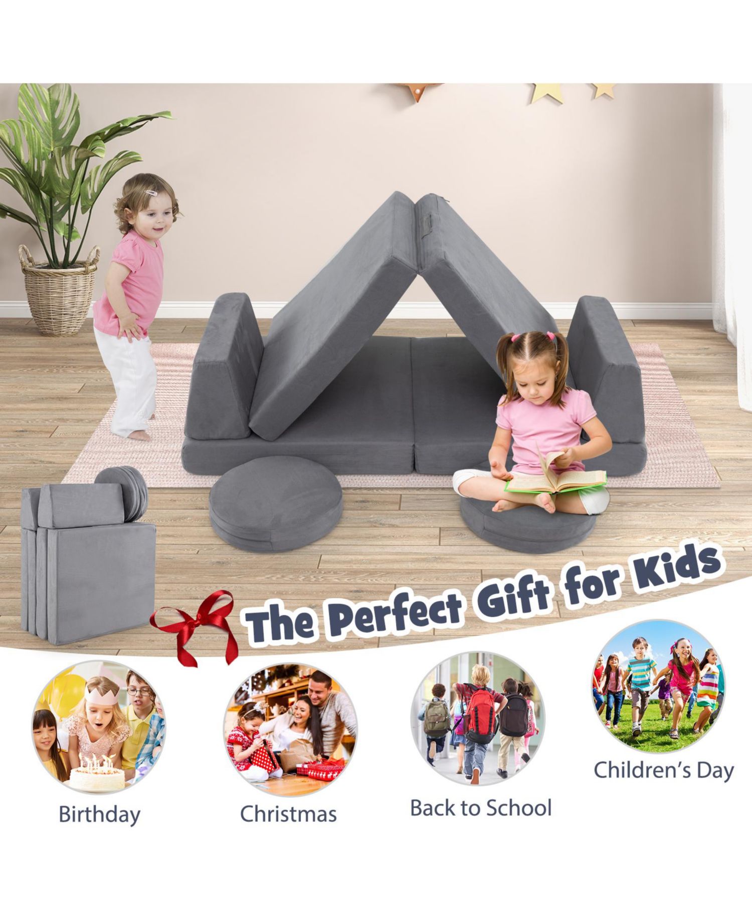 6 Piece Kids Play Sofa Set with Modular Cushions and Washable Covers