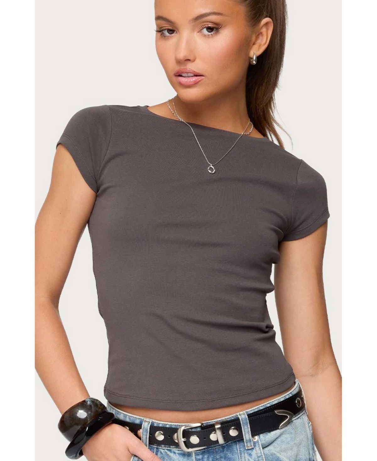 Women's Oliana Ribbed Boat Neck T Shirt - Dark-gray