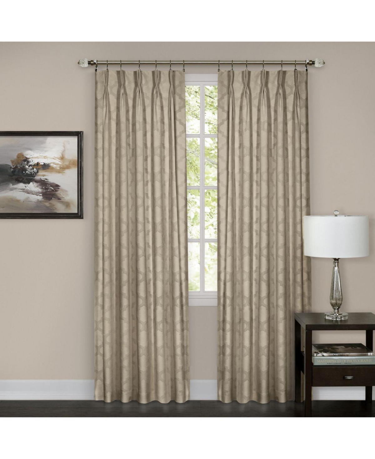 2 Pack Windsor Pinch Pleat/Rod Pocket/Back Tab Quatrefoil Window Curtain Panels - 63 in. Long - Navy - Camel