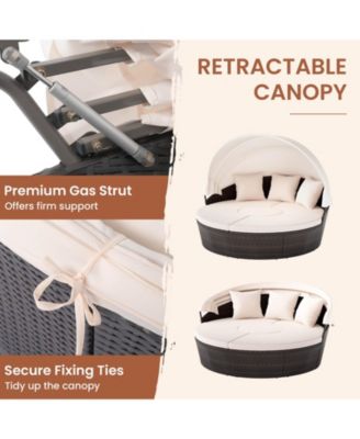 Patio Round Daybed PE Rattan Cushioned Sectional Seating with Retractable Canopy