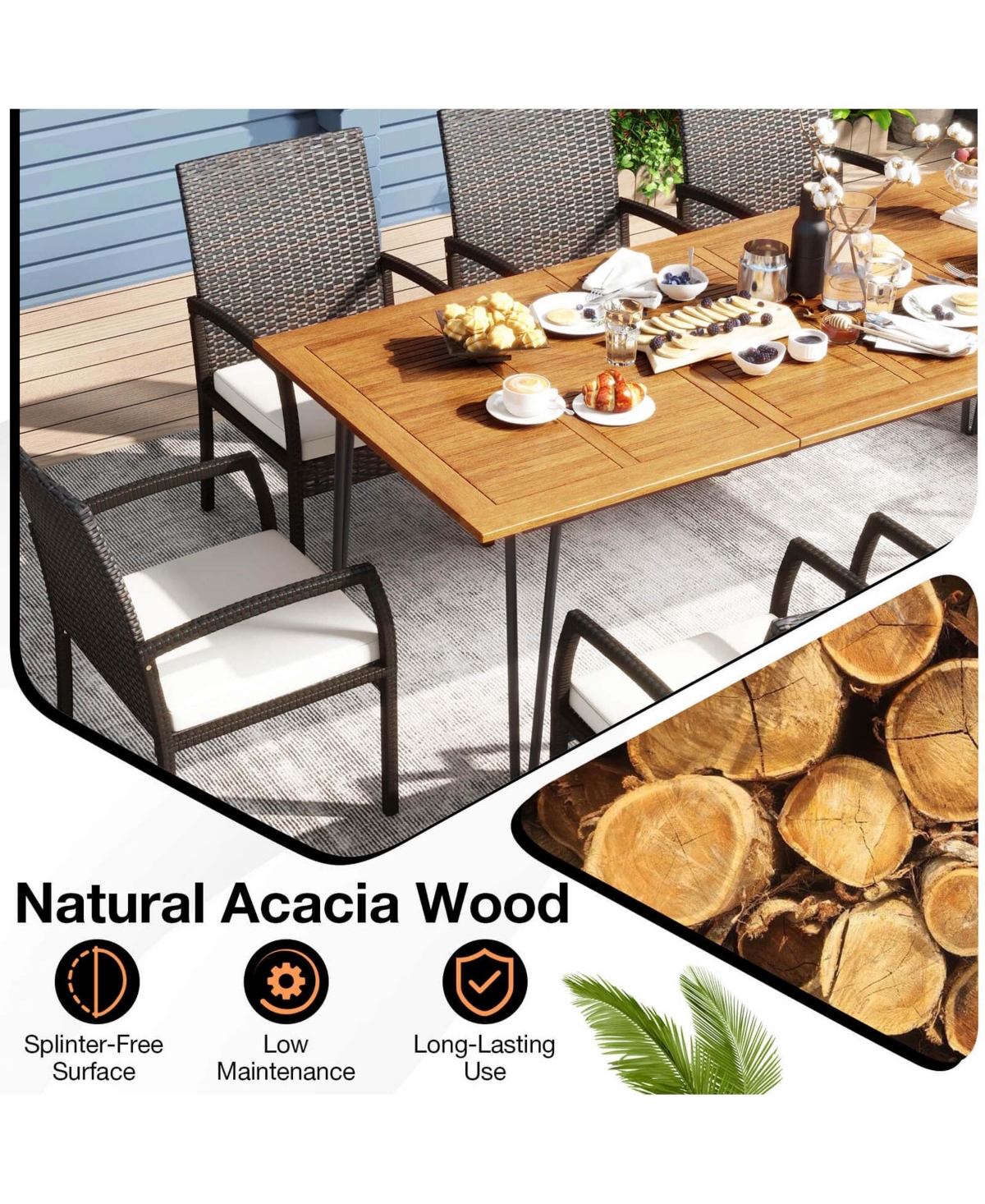 Costway 9 Pcs Outdoor Patio Dining Set Armchairs Set of 8 and Acacia Wood Square Table