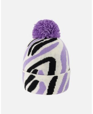 Girl Lined Knit Pompom Hat Black, White and Lilac - Toddler|Child