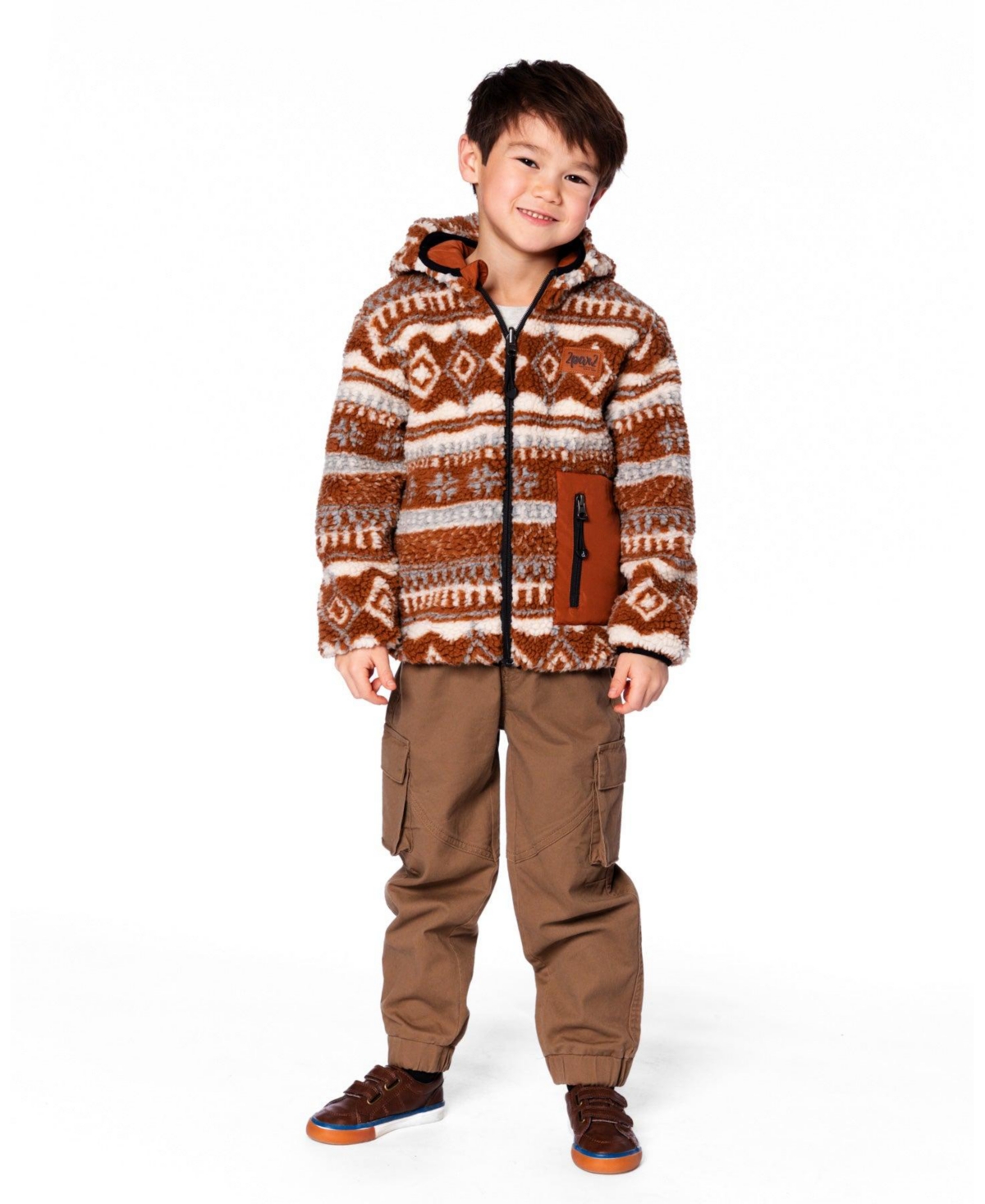 Deux par Kids Unisex Reversible Mid-Season Sherpa Jacket Brown Aztec Pattern