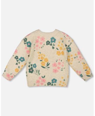 Girl Knitted Sweater Heather Beige Gray with Floral Print - Toddler|Child