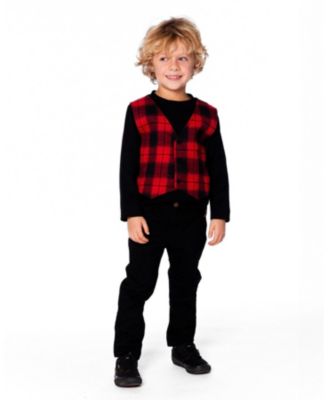 Boy T-Shirt with Plaid Vest Red and Black - Child