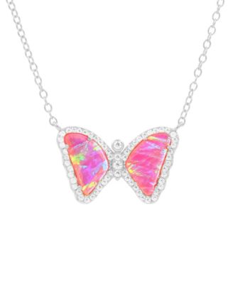 Kamaria Mini Butterfly Necklace with Lab-Grown Opal in Sterling Silver - Hot pink opal
