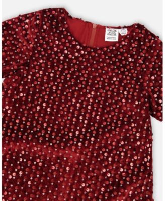 Big Girls Velvet Short Sleeve Dress Red