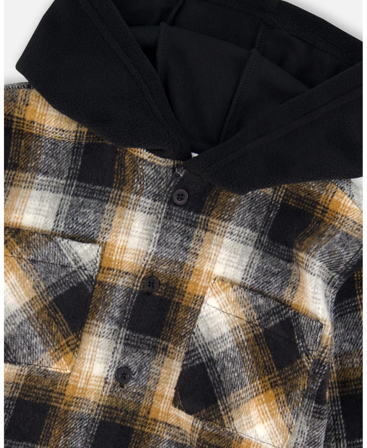 Deux par Boy Hooded Polar Fleece Overshirt with Hood Black and Brown Plaid