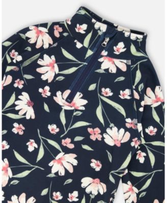 Big Girls Two-Piece Thermal Underwear Set Navy Flower Print
