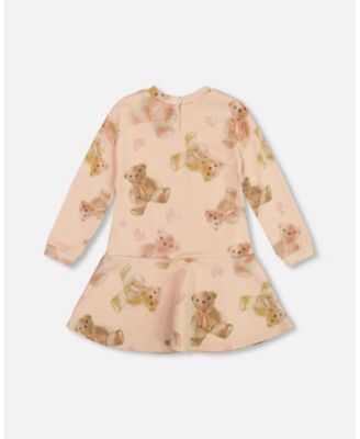 Girl Glittering French Terry Dress Beige Teddy Bear Print - Child