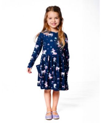 Girl Jersey Dress with Pockets Navy Unicorn Print - Toddler|Child