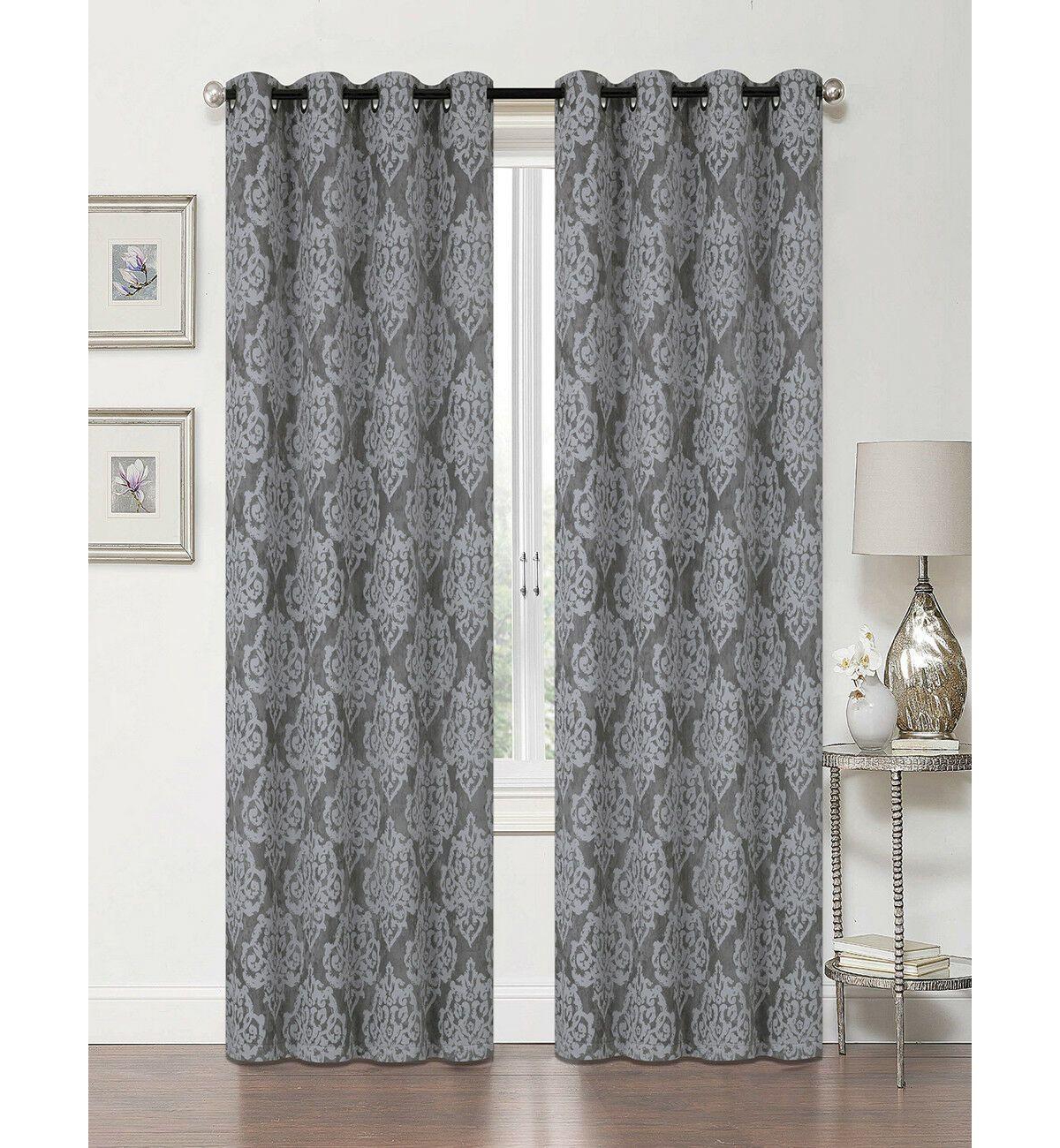 Living 2 Pack Delaney Room Darkening Damask Print Grommet Curtain - 52 in. W x 84 in. L - Gray
