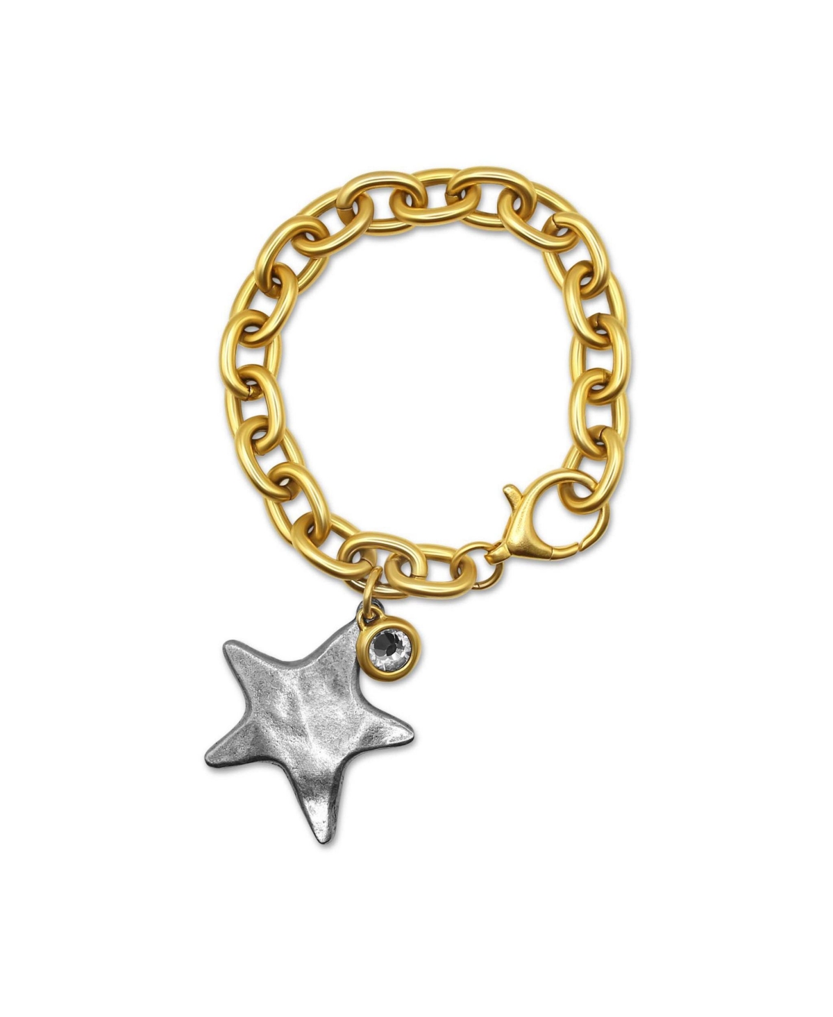 12k Gold Plated Chain with Silver Textured Star Charm and Cubic Zirconia Charm Bracelet - Gold and Silver