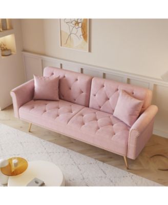 Pink Velvet Sofa Bed with Nailhead Trim & Pillow