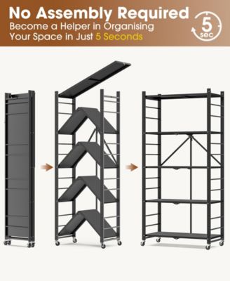 5-Tier Foldable Storage Shelves, Metal Storage Rack with Wheels and Hooks