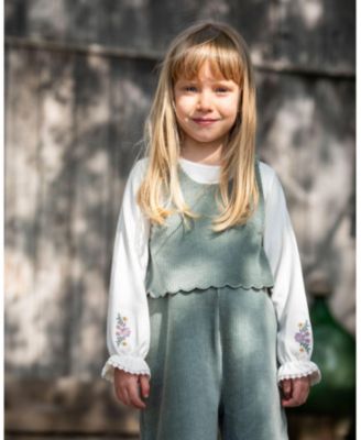 Girl Jersey Top Off-White with Embroidered Floral Sleeves - Toddler|Child