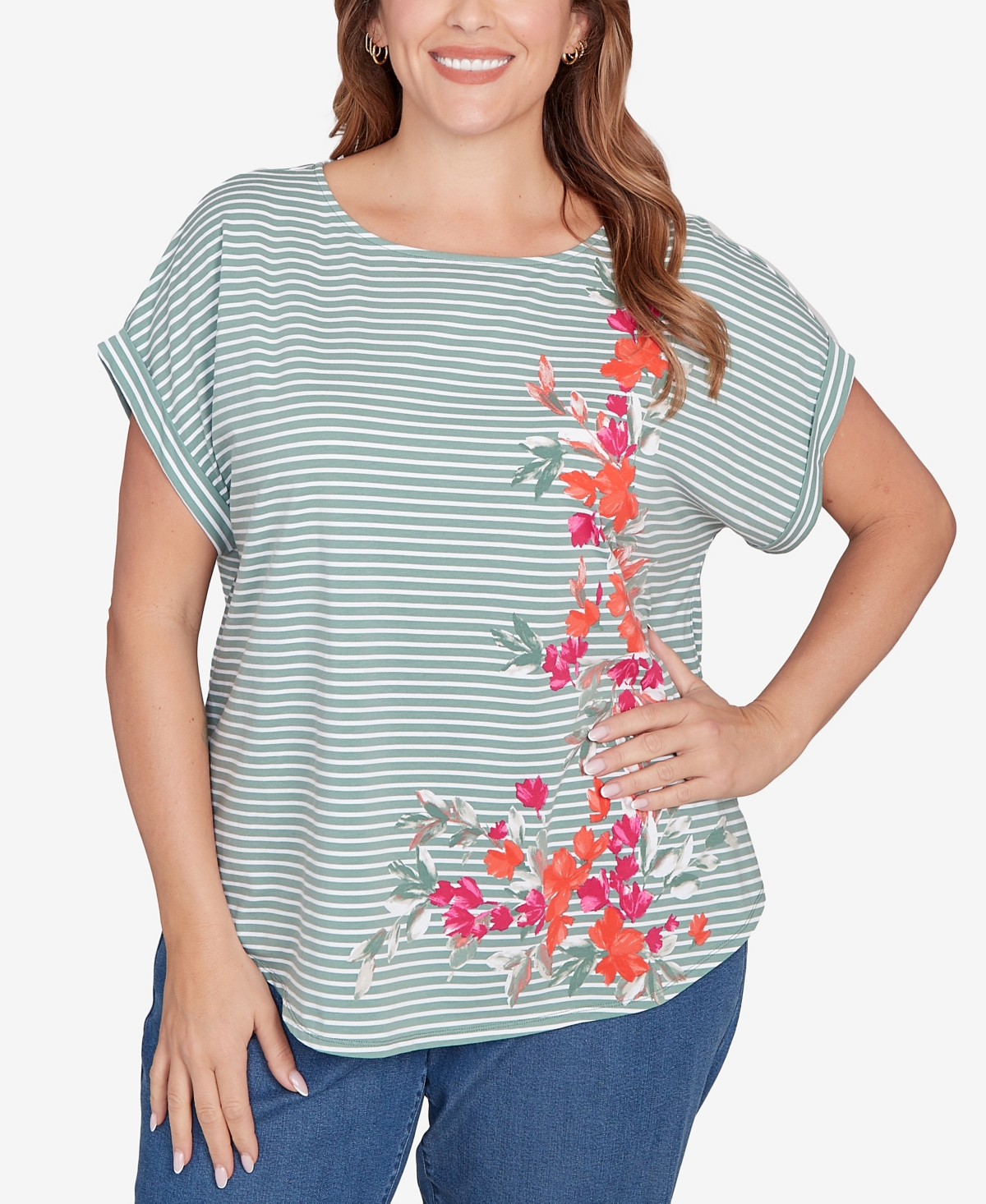 Plus Size Floral Stripe Jersey Top - Navy Multi