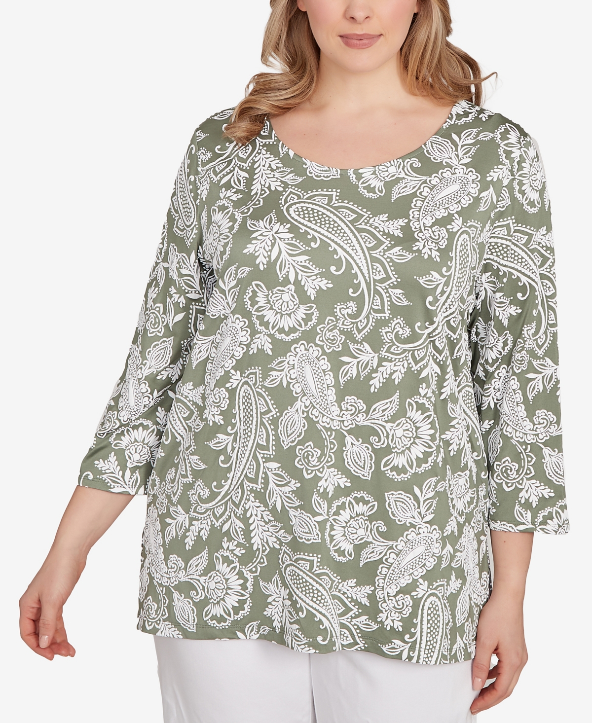 Plus Size Jacobean Paisley Puff Print Top - Navy/White