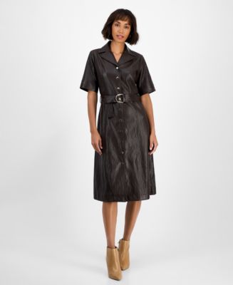 T Tahari Women's Faux-Leather Belted Button-Front Dress - Macy's