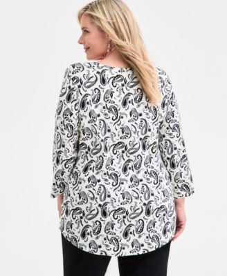 Plus Size Printed Scoop-Neck 3/4-Sleeve Top