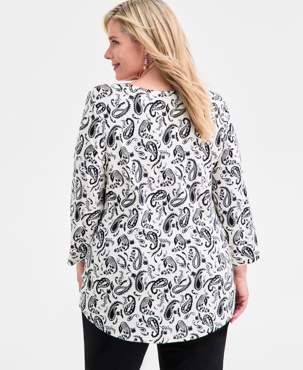 Jm Collection Plus Size Printed Scoop-neck 3/4-sleeve Top In White