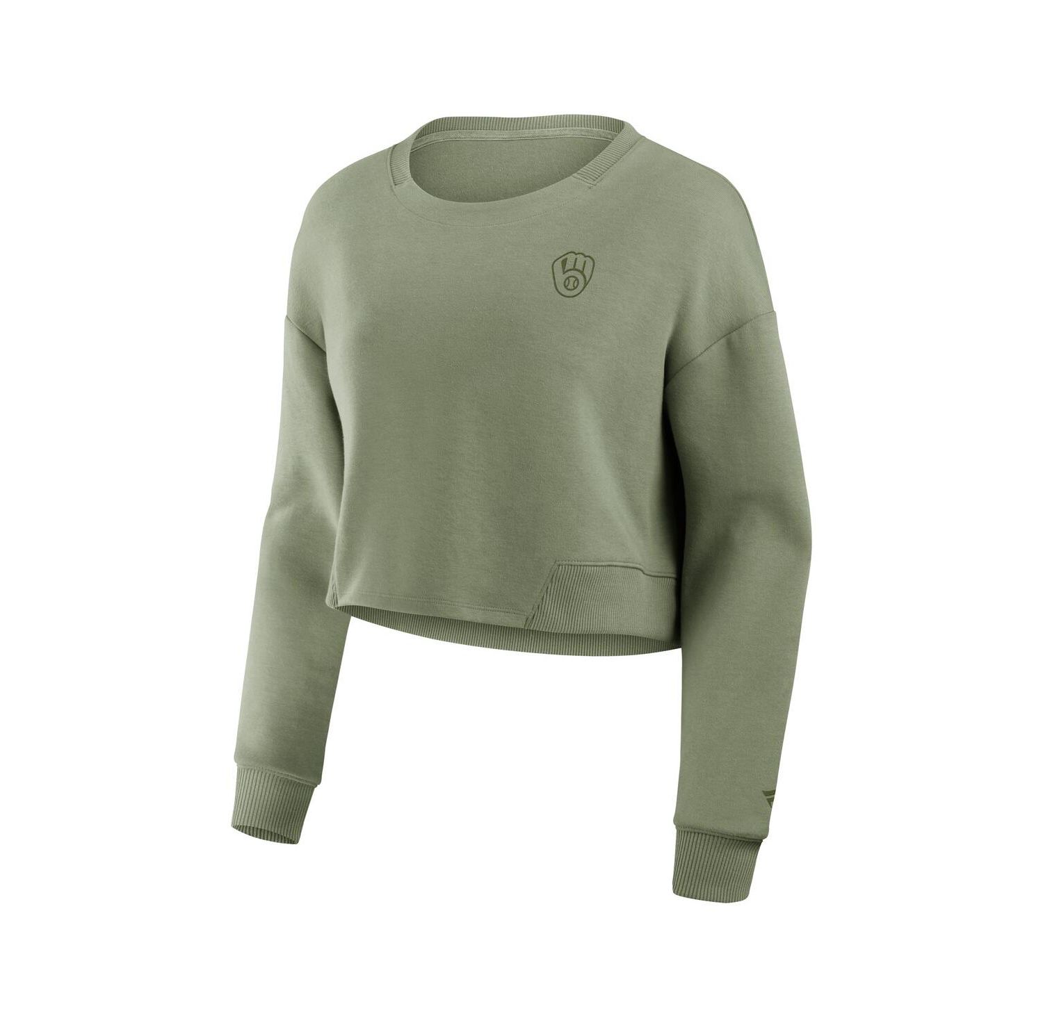Women's Olive Milwaukee Brewers Studio Cropped Pullover Sweatshirt
