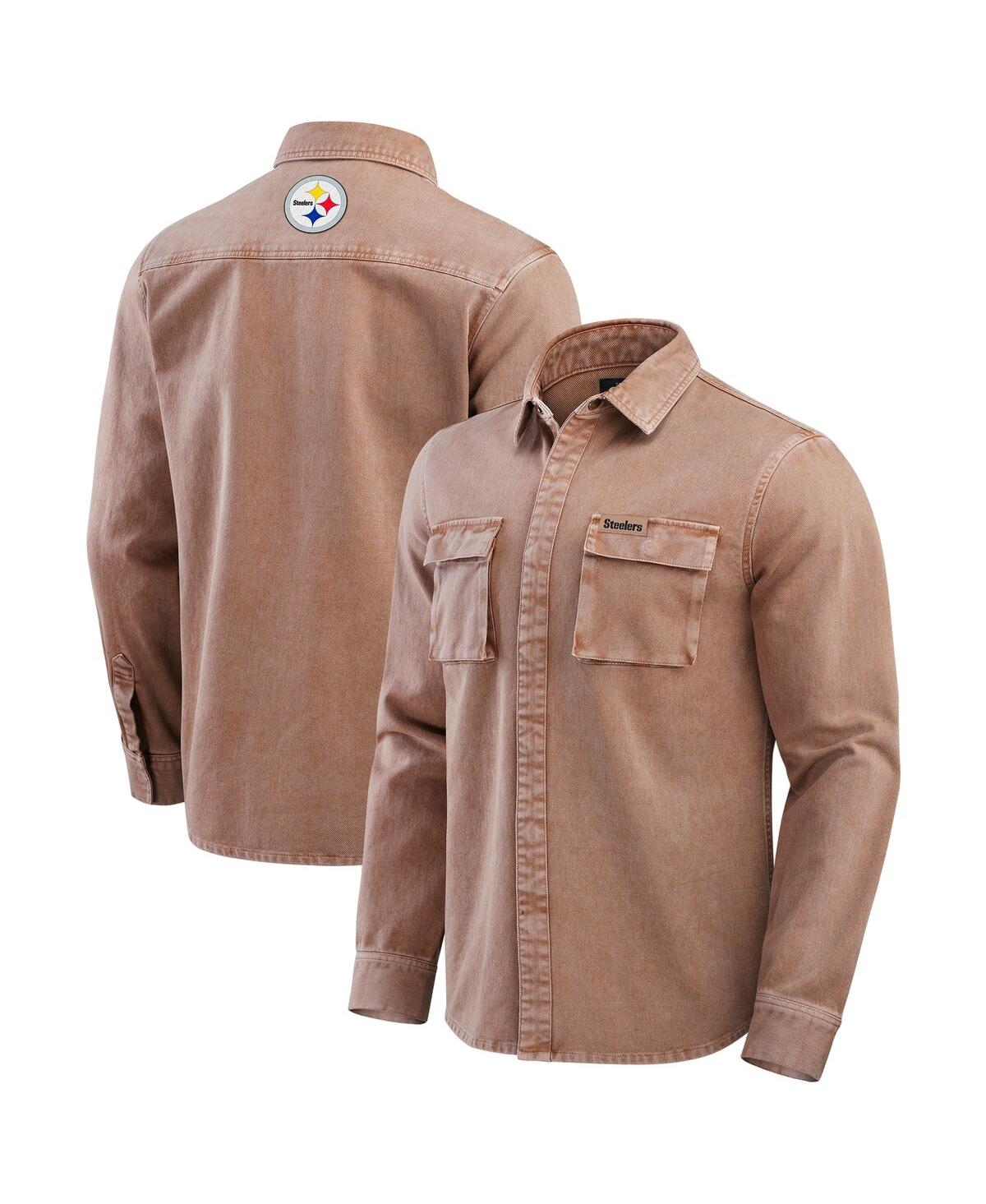 Men's Brown Pittsburgh Steelers Garment Dyed Long Sleeve Full Snap Shirt - Brown