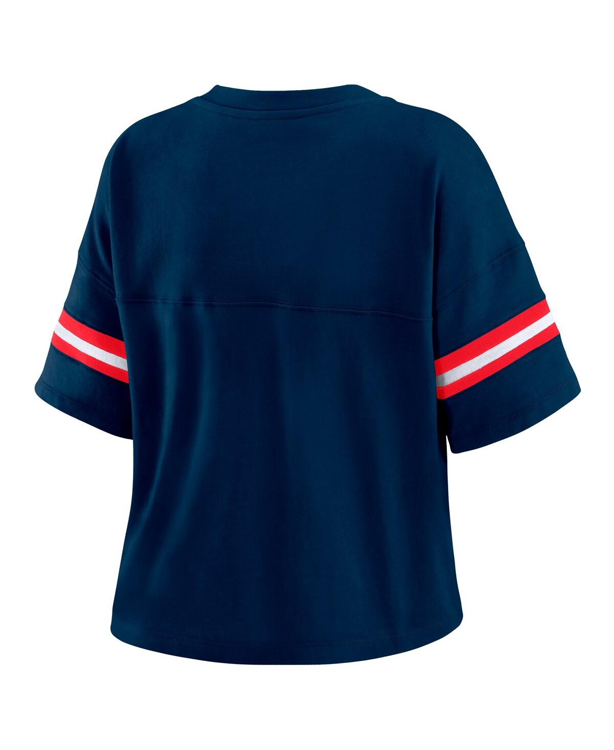 Wear By Erin Andrews Women's Navy New England Patriots Color Block Boxy Modest Crop V-neck T-shirt In Blue