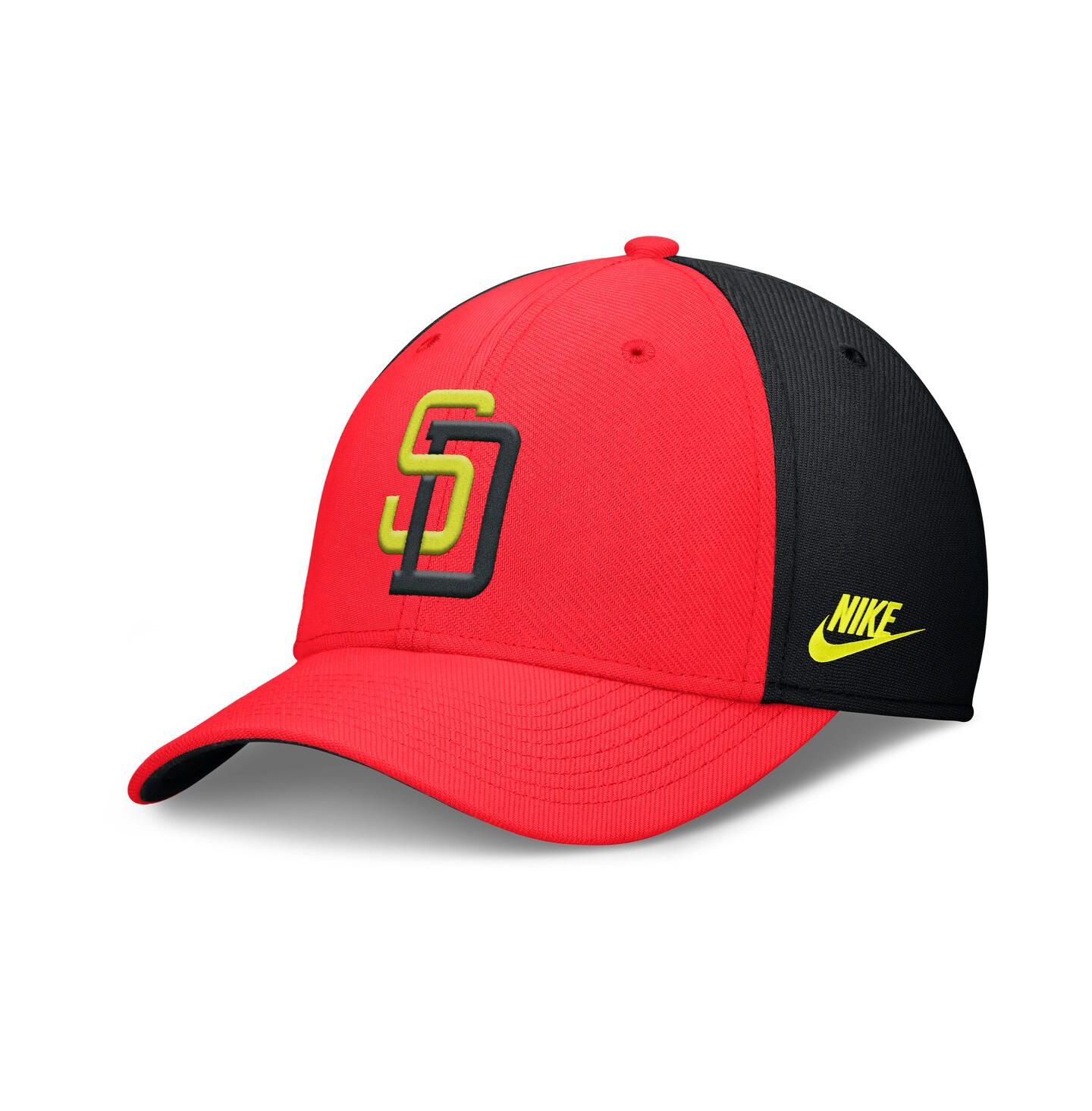 Мужская кепка Nike Crimson/Black San Diego Padres Neon 90s Rise Swoosh Flex Hat — фото 1