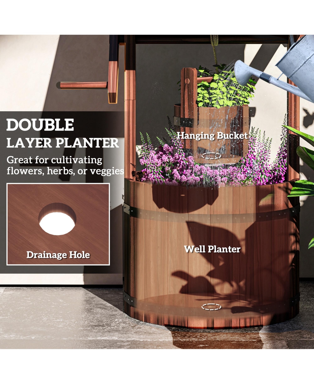 Outsunny Wishing Well Planter with Bucket, Wooden Wishing Well