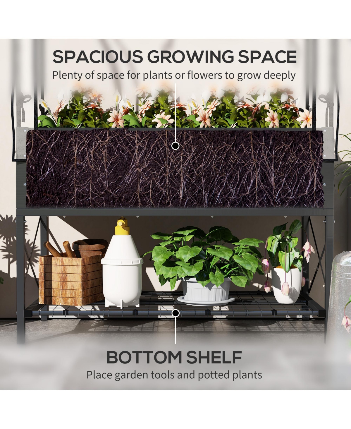 Outsunny Metal Raised Garden Bed with Legs, Cover, and Storage Shelf,