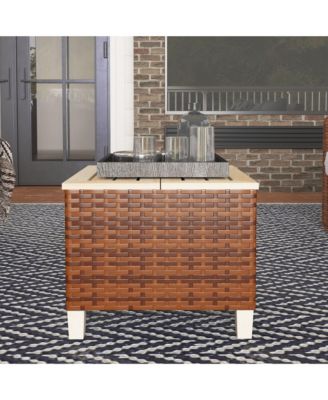 Outdoor Side Table with PE Rat, Patio End Table with Wood Top