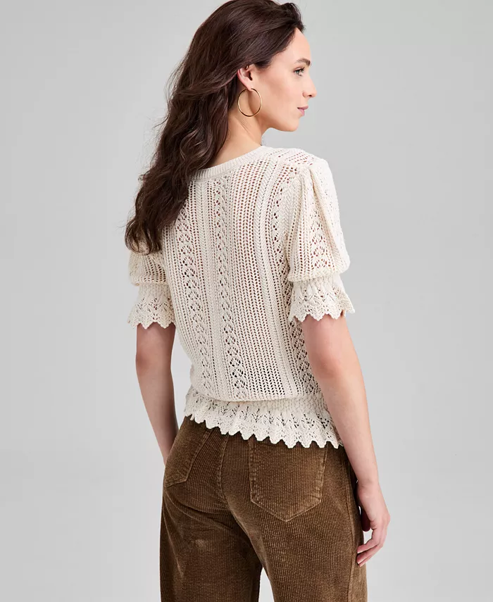Women's Round-Neck Open-Knit Sweater - thumbnail 2