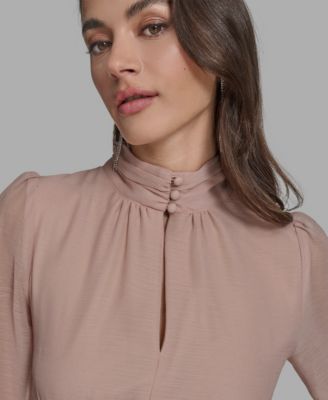 Women's Mock-Neck Long-Sleeve Chiffon Fit & Flare Dress