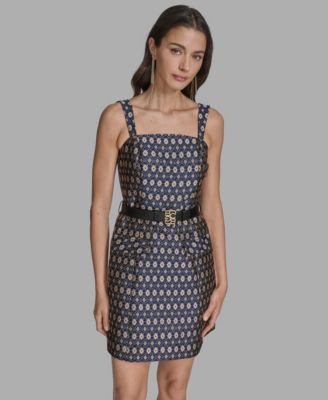 Women's Belted Metallic Jacquard A-Line Dress
