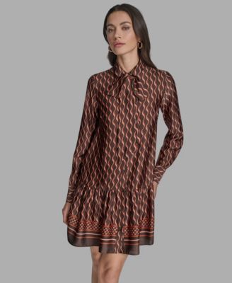 Women's Satin Tie-Neck Long-Sleeve Shift Dress