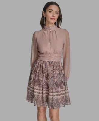 Women's Mock-Neck Long-Sleeve Chiffon Fit & Flare Dress